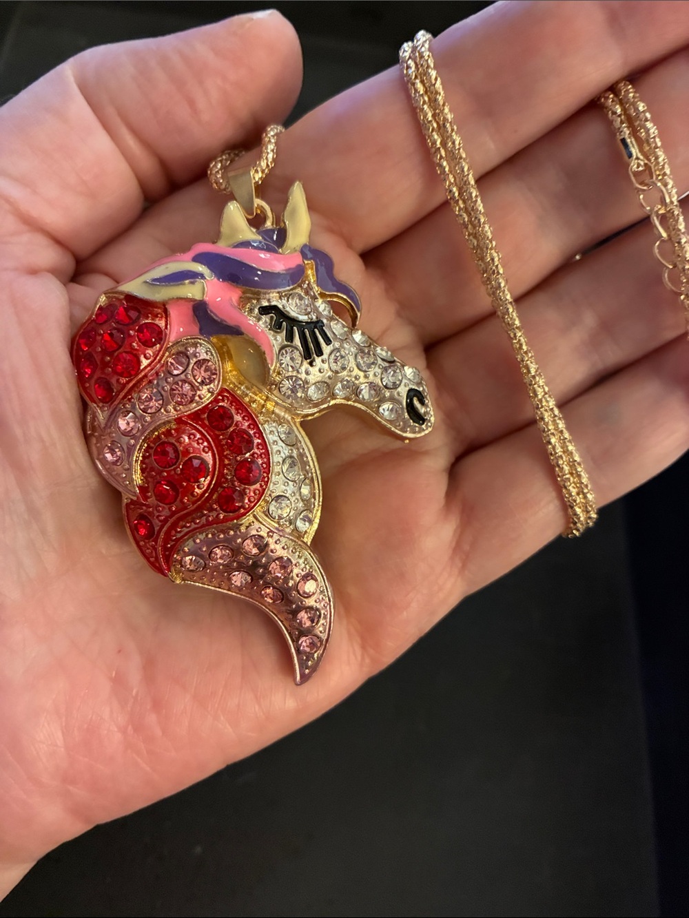 Gold-Tone Unicorn Pendant Necklace with Pink & Red Crystal Accents